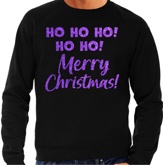 Bellatio Decorations Foute Kersttrui/sweater voor heren - hohoho Merry Christmas - zwart - glitter paars 2XL