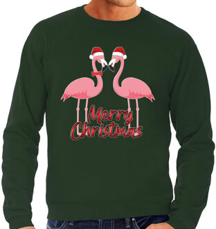 Bellatio Decorations Foute Kersttrui/sweater voor heren - Merry Christmas - groen - flamingo's 2XL