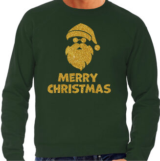 Bellatio Decorations Foute Kersttrui/sweater voor heren - Merry Christmas - groen - glitter goud - kerstman 2XL