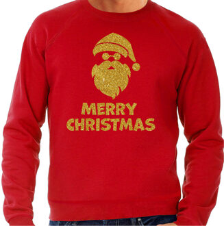 Bellatio Decorations Foute Kersttrui/sweater voor heren - Merry Christmas - rood - glitter goud - kerstman 2XL