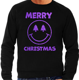 Bellatio Decorations Foute Kersttrui/sweater voor heren - Merry Christmas - Smile Emoticon - zwart - glitter paars XL
