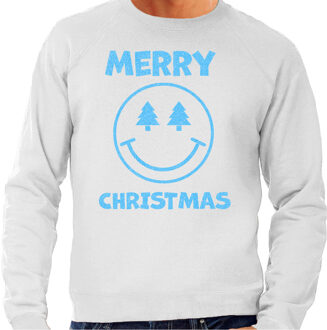 Bellatio Decorations Foute Kersttrui/sweater voor heren - Merry Christmas - smiley - grijs - glitter blauw 2XL