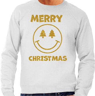 Bellatio Decorations Foute Kersttrui/sweater voor heren - Merry Christmas - smiley - grijs - glitter goud 2XL