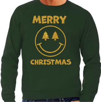 Bellatio Decorations Foute Kersttrui/sweater voor heren - Merry Christmas - smiley - groen - glitter goud 2XL