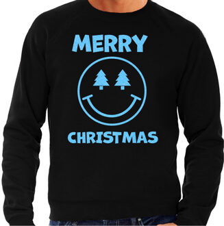 Bellatio Decorations Foute Kersttrui/sweater voor heren - Merry Christmas - smiley - zwart - glitter blauw 2XL