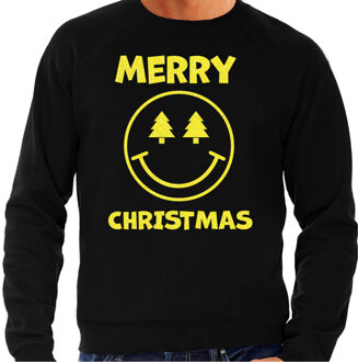 Bellatio Decorations Foute Kersttrui/sweater voor heren - Merry Christmas - smiley - zwart - glitter geel 2XL