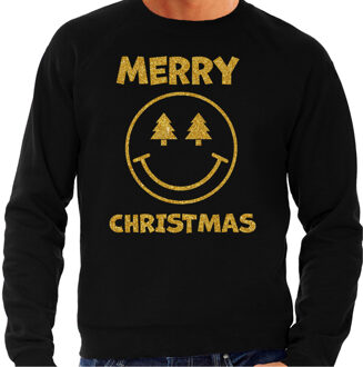 Bellatio Decorations Foute Kersttrui/sweater voor heren - Merry Christmas - smiley - zwart - glitter goud 2XL