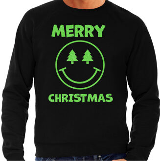 Bellatio Decorations Foute Kersttrui/sweater voor heren - Merry Christmas - smiley - zwart - glitter groen 2XL