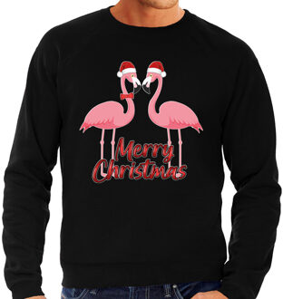 Bellatio Decorations Foute Kersttrui / sweater - voor heren - Merry Christmas - zwart - flamingo's S