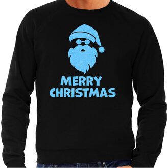 Bellatio Decorations Foute Kersttrui/sweater voor heren - Merry Christmas - zwart - glitter blauw - kerstman 2XL