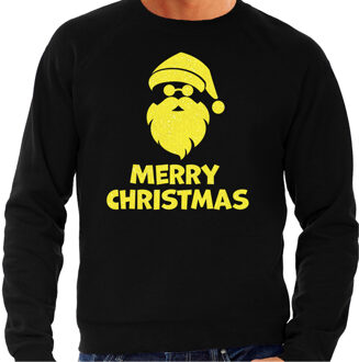 Bellatio Decorations Foute Kersttrui/sweater voor heren - Merry Christmas - zwart - glitter geel - kerstman 2XL