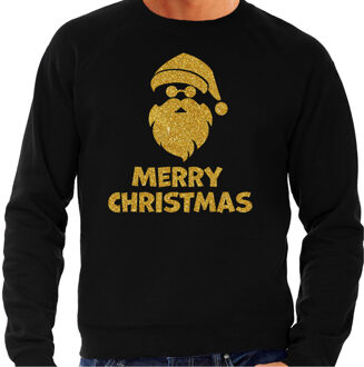 Bellatio Decorations Foute Kersttrui / sweater - voor heren - Merry Christmas - zwart - glitter goud - kerstman Goudkleurig