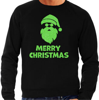 Bellatio Decorations Foute Kersttrui/sweater voor heren - Merry Christmas - zwart - glitter groen - kerstman 2XL