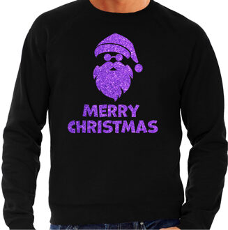 Bellatio Decorations Foute Kersttrui/sweater voor heren - Merry Christmas - zwart - glitter paars - kerstman 2XL