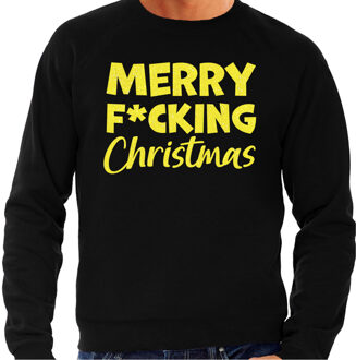 Bellatio Decorations Foute Kersttrui/sweater voor heren - Merry F*cking Christmas - zwart - glitter geel 2XL