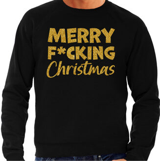 Bellatio Decorations Foute Kersttrui/sweater voor heren - Merry F*cking Christmas - zwart - glitter goud 2XL