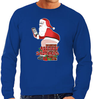 Bellatio Decorations Foute Kersttrui/sweater voor heren - Merry shitmas - blauw - Kerstman op de wc 2XL