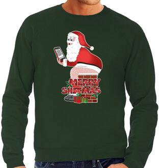 Bellatio Decorations Foute Kersttrui - sweater voor heren - Merry shitmas - groen - Kerstman op de wc L