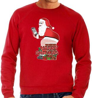 Bellatio Decorations Foute Kersttrui - sweater voor heren - Merry shitmas - rood - Kerstman op de wc