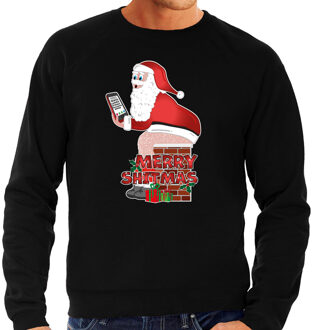 Bellatio Decorations Foute Kersttrui - sweater voor heren - Merry shitmas - zwart - Kerstman op de wc S