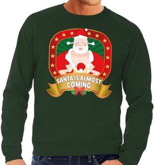 Bellatio Decorations Foute kersttrui / sweater voor heren Santa Is Almost Coming - groen - Kerstman met dame 2XL (56)