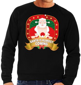 Bellatio Decorations Foute kersttrui / sweater voor heren Santa Is Almost Coming - zwart - Kerstman met dame 2XL (56)