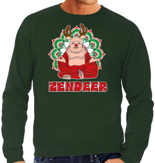 Bellatio Decorations foute Kersttrui/sweater voor heren - zendeer buddha - groen - rendier - boeddha S - kerst truien