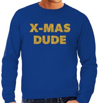 Bellatio Decorations Foute Kersttrui sweater - x-mas dude - goud / glitters - blauw - heren - kerstkleding