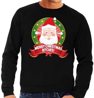 Bellatio Decorations Foute kersttrui / sweater - zwart - Kerstman met hartjes ogen Merry Christmas Bitches heren L (52)