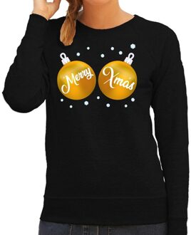 Bellatio Decorations Foute kersttrui / sweater zwart met gouden Merry Xmas borsten voor dames - kerstkleding / christmas outfit 2XL (44)