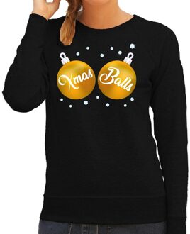 Bellatio Decorations Foute kersttrui / sweater zwart met gouden Xmas Balls borsten voor dames - kerstkleding / christmas outfit 2XL (44)