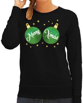 Bellatio Decorations Foute kersttrui / sweater zwart met groene Merry Xmas borsten voor dames - kerstkleding / christmas outfit 2XL (44)