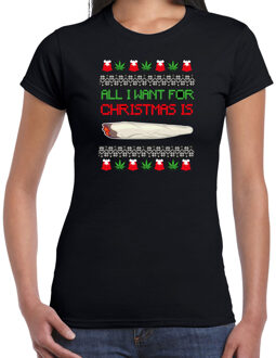 Bellatio Decorations foute Kersttrui/t-shirt dames - All i want for Christmas is wiet - zwart -joint S - kerst t-shirts