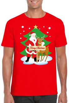 Bellatio Decorations Foute Kersttrui t-shirt - kerstman en rendier Rudolf - rood - voor heren