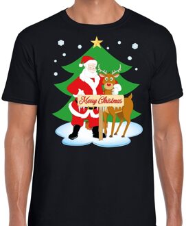 Bellatio Decorations Foute Kersttrui t-shirt - kerstman en rendier Rudolf - zwart - voor heren