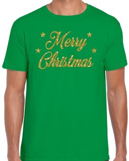 Bellatio Decorations Foute Kersttrui t-shirt - Merry Christmas - groen - met gouden glitter letters - heren