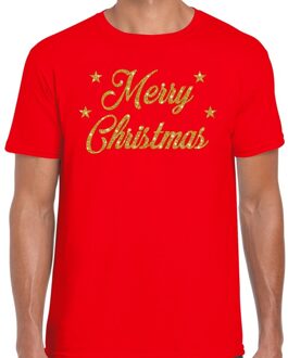 Bellatio Decorations Foute Kersttrui t-shirt - Merry Christmas - rood - met gouden glitter letters - heren