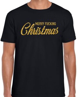 Bellatio Decorations Foute kersttrui t-shirt - Merry Fucking Christmas - zwart - voor heren - gouden glitter letters