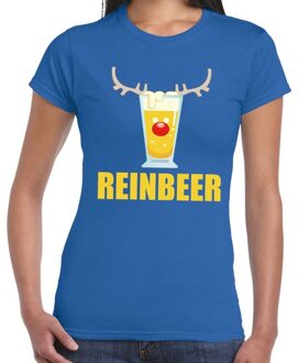 Bellatio Decorations Foute Kersttrui t-shirt - Reinbeer - blauw - voor dames - drank thema - korte mouwen