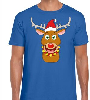 Bellatio Decorations Foute Kersttrui t-shirt - Rendier Rudolf - Rode kerstmuts - blauw - voor heren