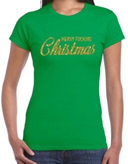 Bellatio Decorations Foute kersttrui t-shirt - voor dames - groen met gouden glitters - Merry Fucking Christmas
