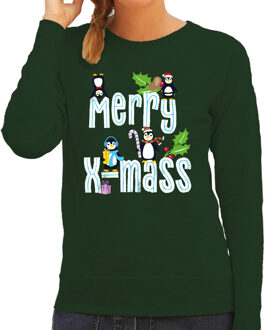 Bellatio Decorations Foute Kersttrui voor dames - Merry X-Mass - groen - kerst pinguin - schattige kerst 2XL