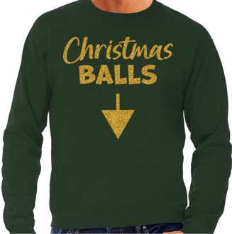 Bellatio Decorations Foute Kersttrui voor heren - Christmas balls - groen - glitter goud - Kerstfeest 2XL