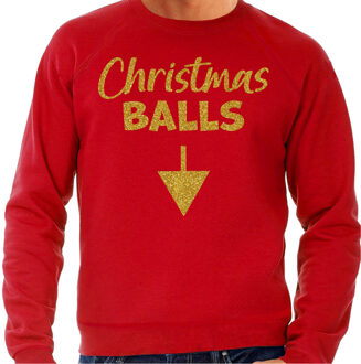 Bellatio Decorations Foute Kersttrui voor heren - Christmas balls - rood - glitter goud - Kerstfeest 2XL