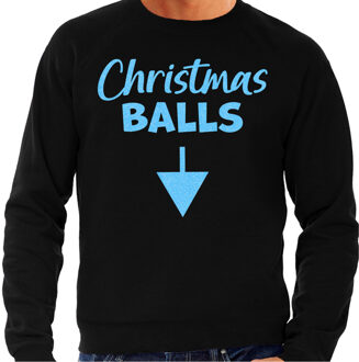 Bellatio Decorations Foute Kersttrui voor heren - Christmas balls - zwart - glitter blauw - Kerstfeest 2XL