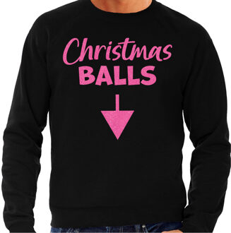 Bellatio Decorations Foute Kersttrui voor heren - Christmas balls - zwart - glitter roze - Kerstfeest 2XL