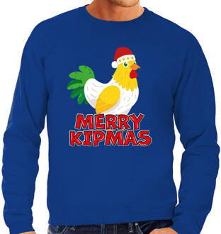 Bellatio Decorations Foute Kersttrui voor heren - Merry Kipmas - blauw - hilarisch - kip met kerstmuts 2XL