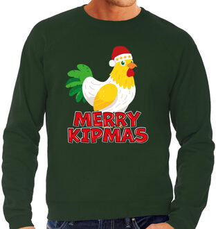 Bellatio Decorations Foute Kersttrui voor heren - Merry Kipmas - groen - hilarisch - kip met kerstmuts 2XL