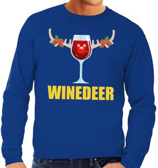 Bellatio Decorations Foute kersttrui - Winedeer print - blauw - voor heren - lange mouwen - sweater - wijn L (52)