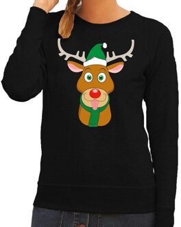 Bellatio Decorations Foute kersttrui zwart met Ruldolf het rendier met groene muts voor dames 2XL (44) - kerst truien